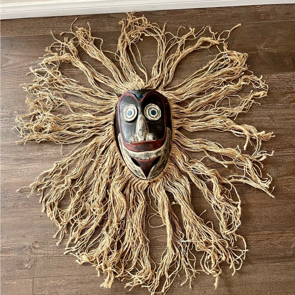 African Wooden Tribal Painted Face Mask with Headdress of Rope Hanging 8/13